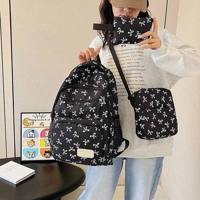 3-Piece Bow Backpack Set – Large Capacity Nylon School Bag Backpack Set Richie's black white