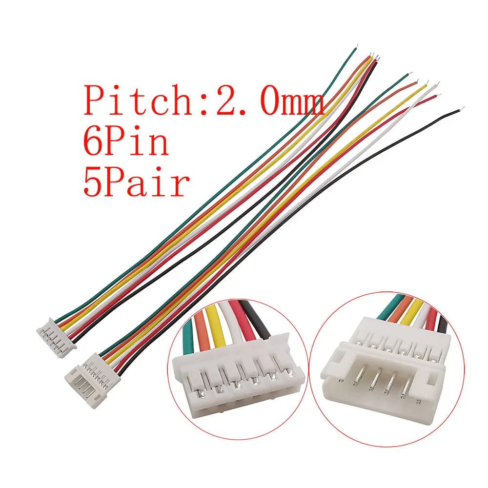 10Pcs JST PH 2.0mm Connector 2–6 Pin Male Female 26AWG Cables Wire Connector Set Richie's 5Pair 6Pin-JK