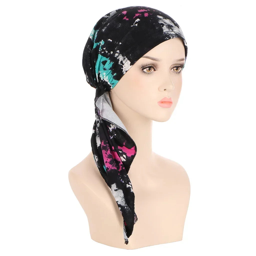Women's Floral Turban Hijab Stretch Pre-Tied Head Wrap Cap Turban Head Wrap Richie's black colorful