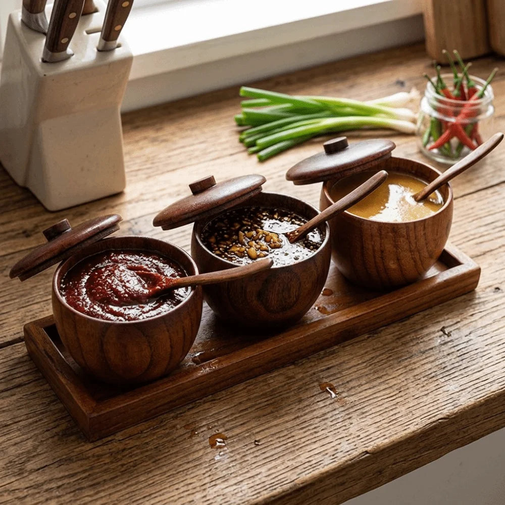 Wood Spice Jar Set with Spoons, Lids & Tray – 3-Piece Spice Jar Set Richie's