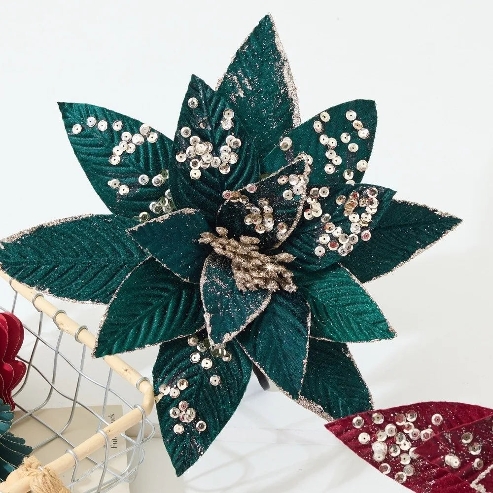 25CM Glitter Artificial Poinsettia Flower | Christmas Wedding Decor Artificial Decorative Flower Richie's