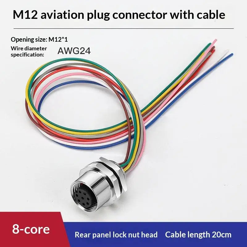 M12 IP67 Waterproof Connector 4/5/8 Pin Panel Socket 22AWG Wire Industrial Connector Richie's Back 8P F 20cm