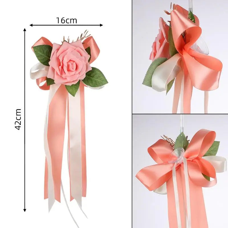 Retro Flower Bow Wedding Car Rearview Mirror Door Decoration Wedding Car Decoration Richie's Pink