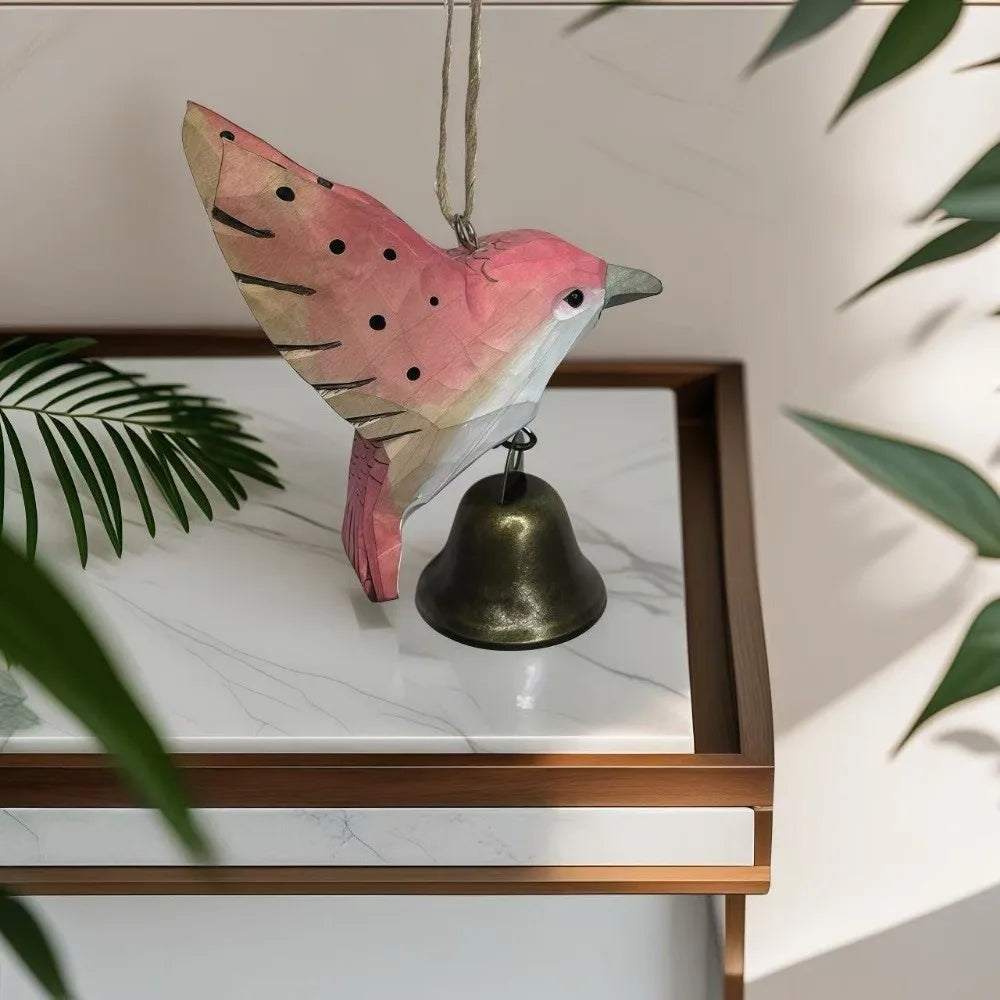 Hand-Carved Hummingbird Wood Figurine with Bell Wind Chime Wood Bird Figurine Richie's