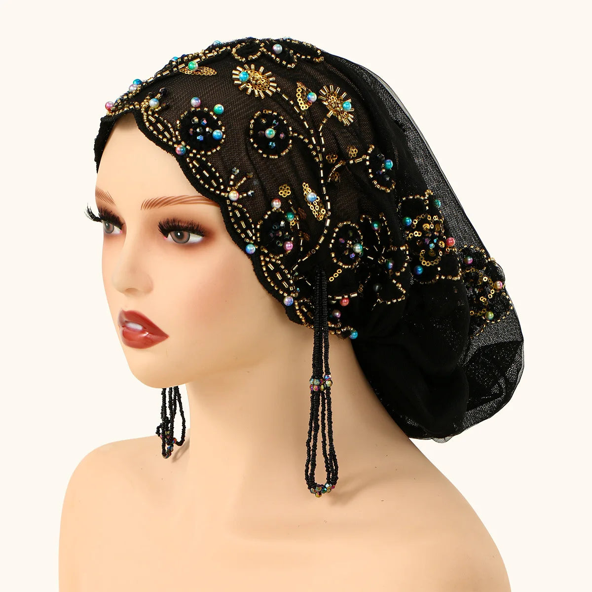 Muslim Pearl Lace Inner Cap – Elastic Islamic Headwear for Women Islamic Inner Cap Richie's MSL214-1 black