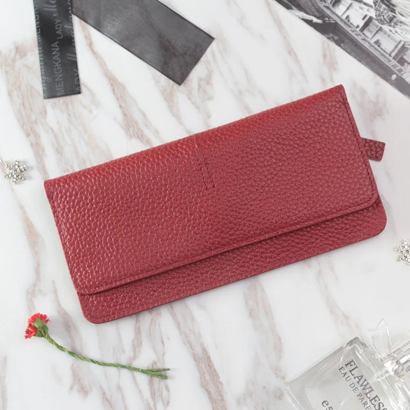 Women's Genuine Cowhide Leather Long Wallet & Zipper Card Holder Leather Women's Wallet Richie's WineRed