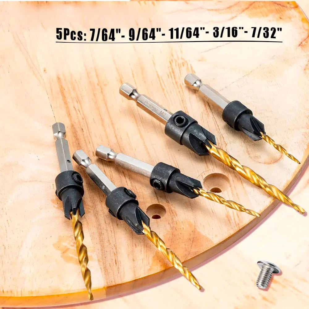 Wood Countersink Drill Bit Set 5/7Pc SAE Tapered 1/4" Hex Shank Countersink Drill Bits Richie's 5Pcs Gold