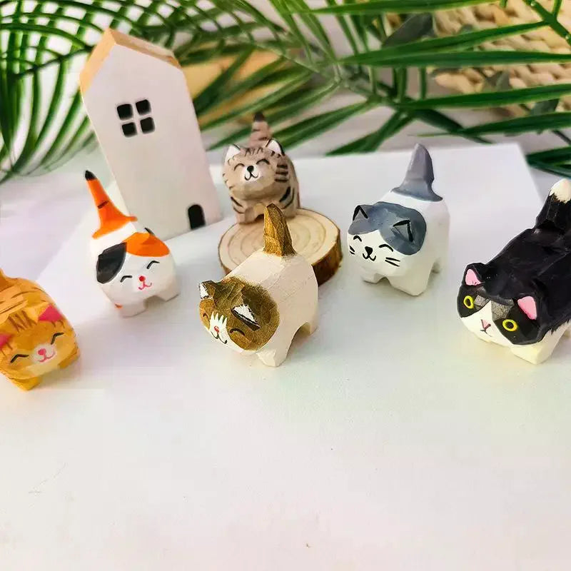 Hand Carved Wooden Cat Figurine | Kitten Desk Ornament Wooden Cat Figurine Richie's