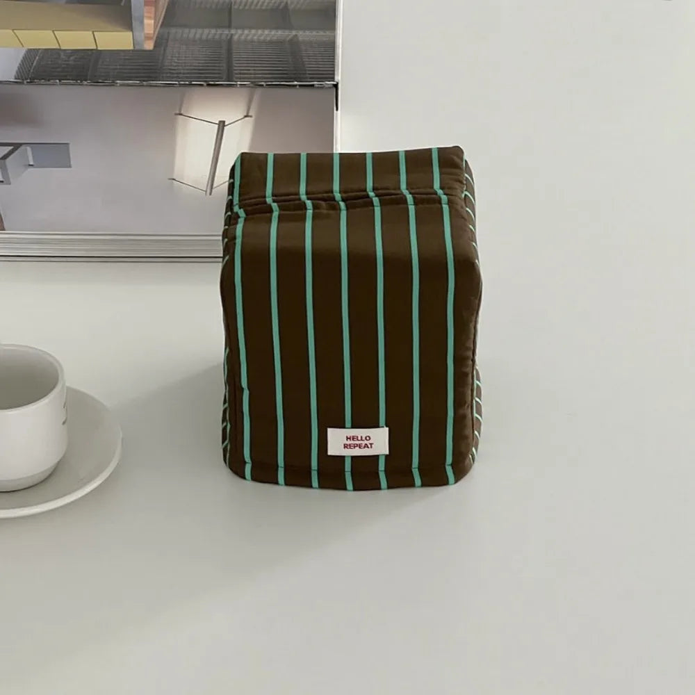 Vintage Stripe Cloth Tissue Box Cover | Large Capacity Desk Organizer Tissue Box Cover Richie's green-M