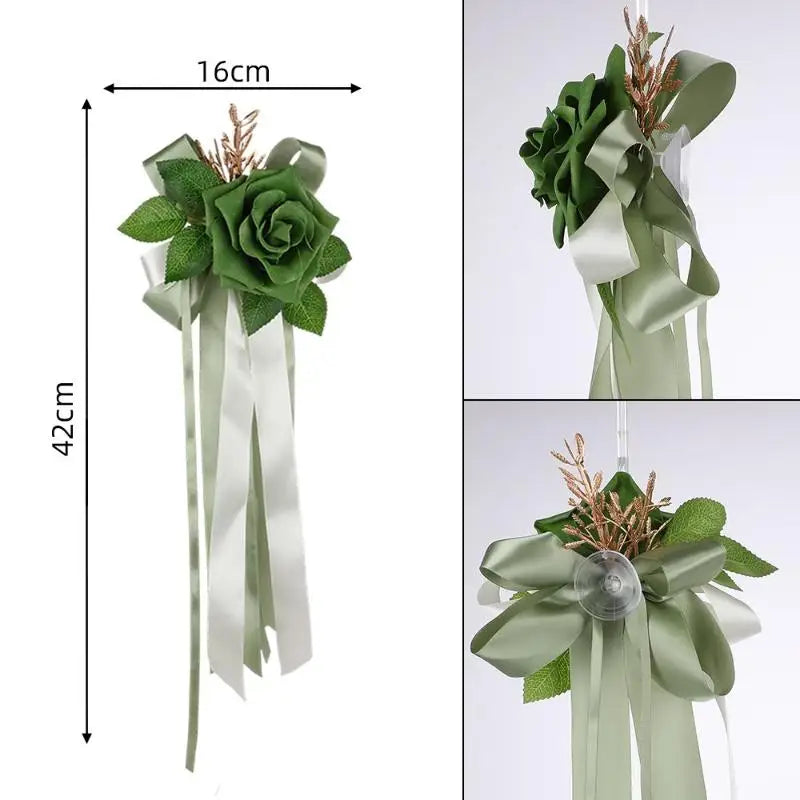 Retro Flower Bow Wedding Car Rearview Mirror Door Decoration Wedding Car Decoration Richie's Green