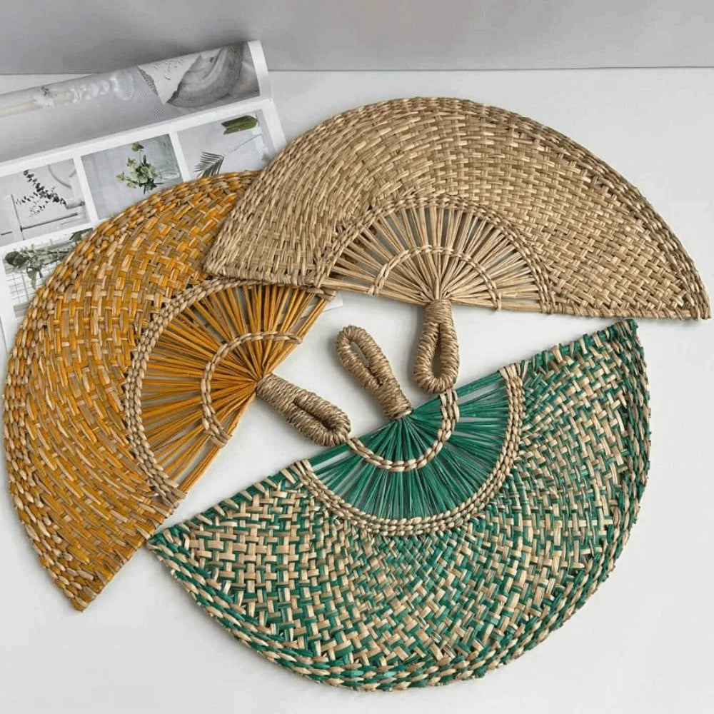 Handmade Natural Seaweed Straw Fan – Boho Semicircular Woven Fan Woven Decorative Fan Richie's