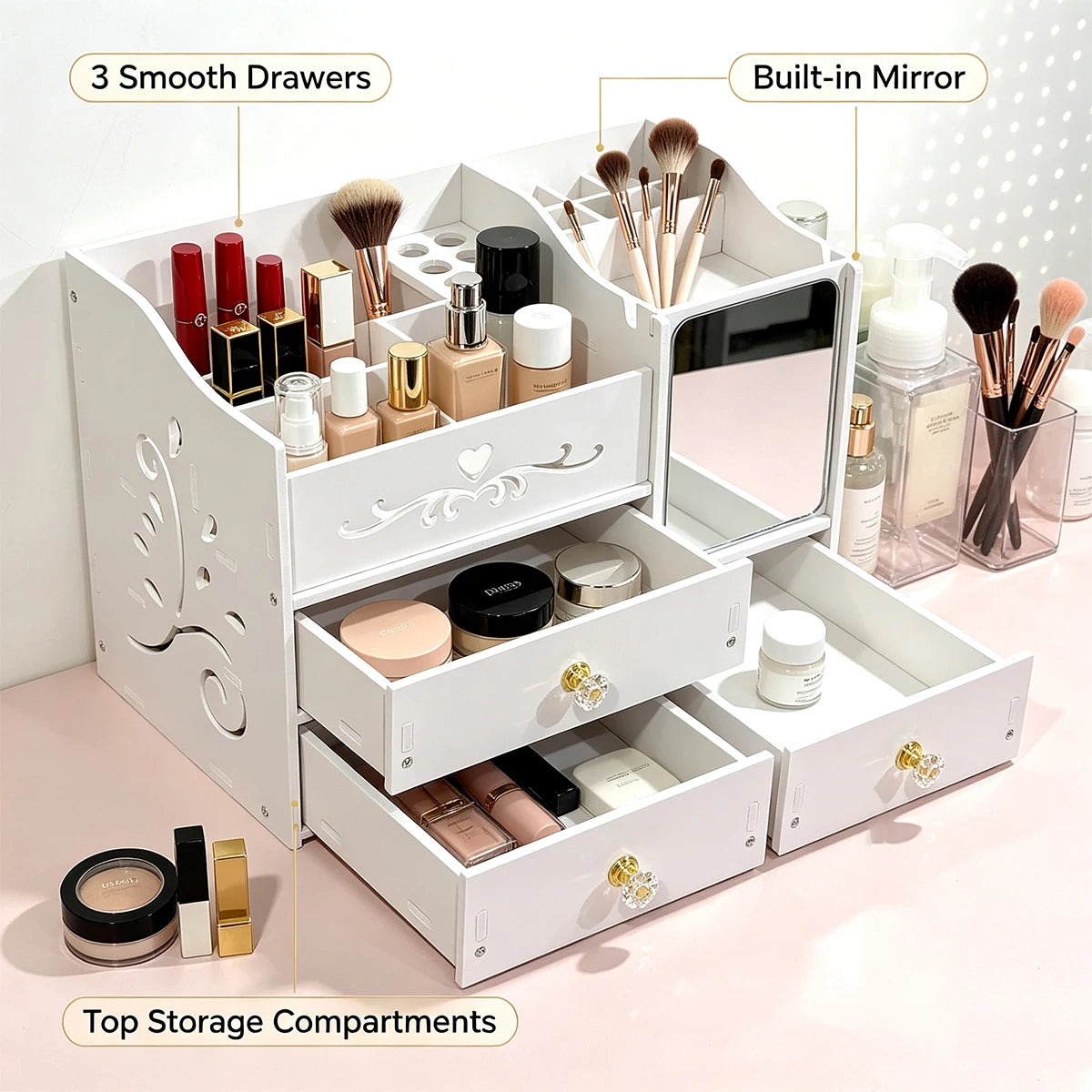 Vanity Makeup Organizer with Mirror, Drawers & Brush Slots Makeup Storage Organizer Richie's Default Title