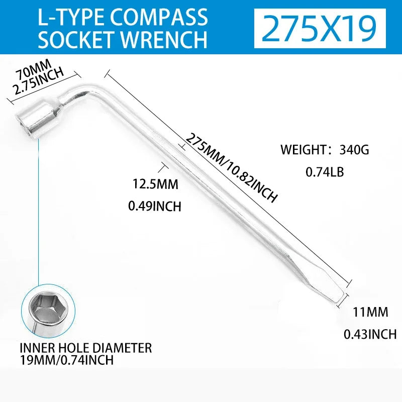 L-Type Lug Wrench 17/19/21mm Hex Socket Tire Repair Tool Tire Lug Wrench Richie's 19MM