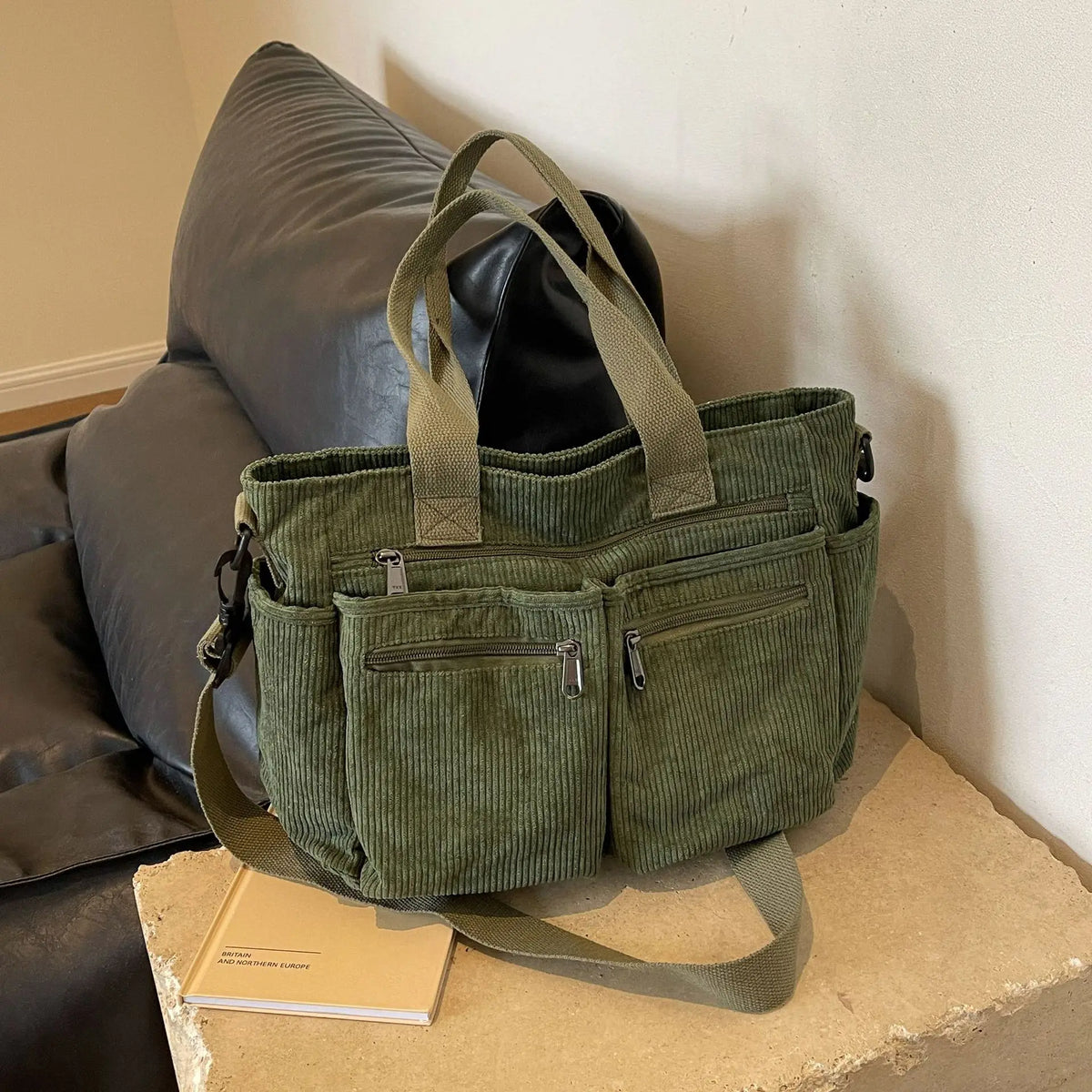 Large Capacity Corduroy Tote Bag | Korean Style Shoulder Bag Corduroy Tote Bag Richie's Green