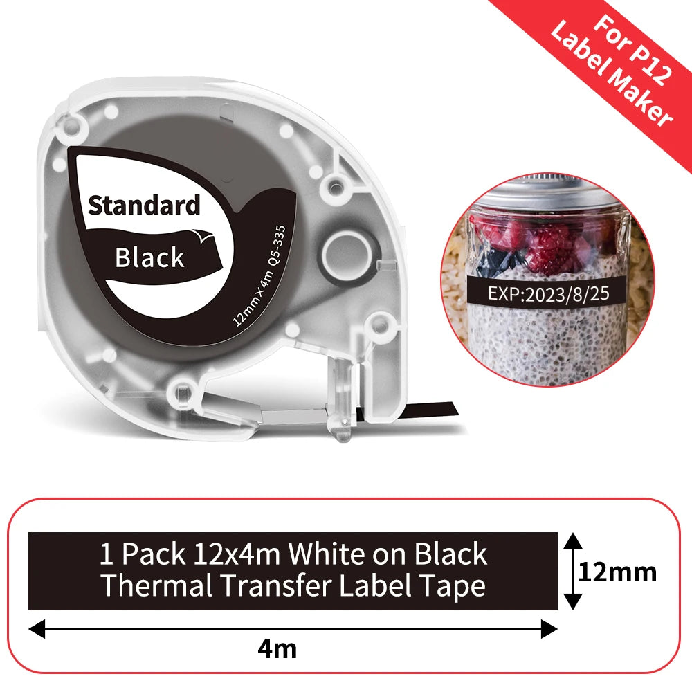 12mm Label Tape for Phomemo P12 & Dymo LetraTag – 4m Label Maker Tape Richie's Q5-335