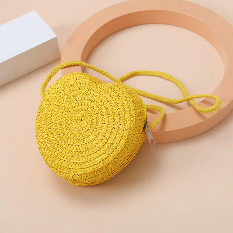 Woven Straw Crossbody Bag & Heart Coin Purse – Kids Beach Bag Woven Crossbody Bag Richie's yellow 11x11x6cm