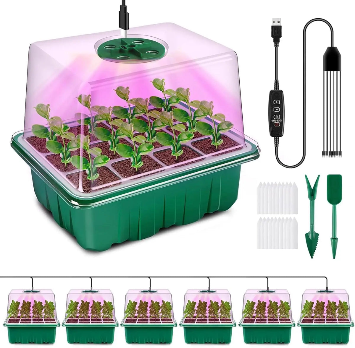 LED Seed Starter Tray with Grow Light & Timer | 4/5/6PC Kit Seed Starter Kit Richie's 6PCS Green