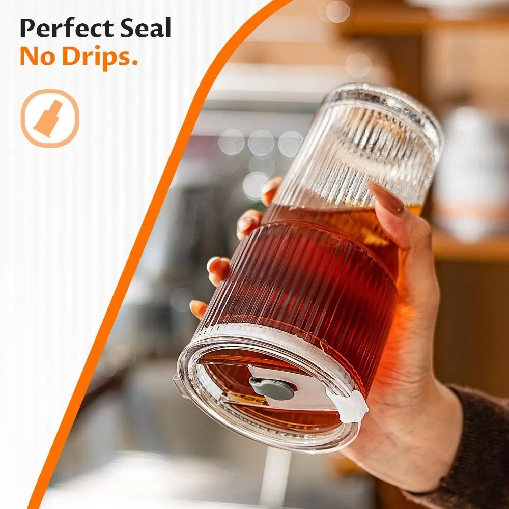 600ml Ribbed Glass Tumbler with Lid & Straw | Reusable Cup Glass Tumbler Set Richie's