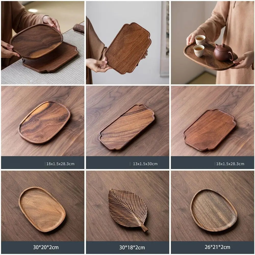 Walnut Wood Leaf Tea Tray – Round Snack & Fruit Serving Platter Wooden Serving Tray Richie's