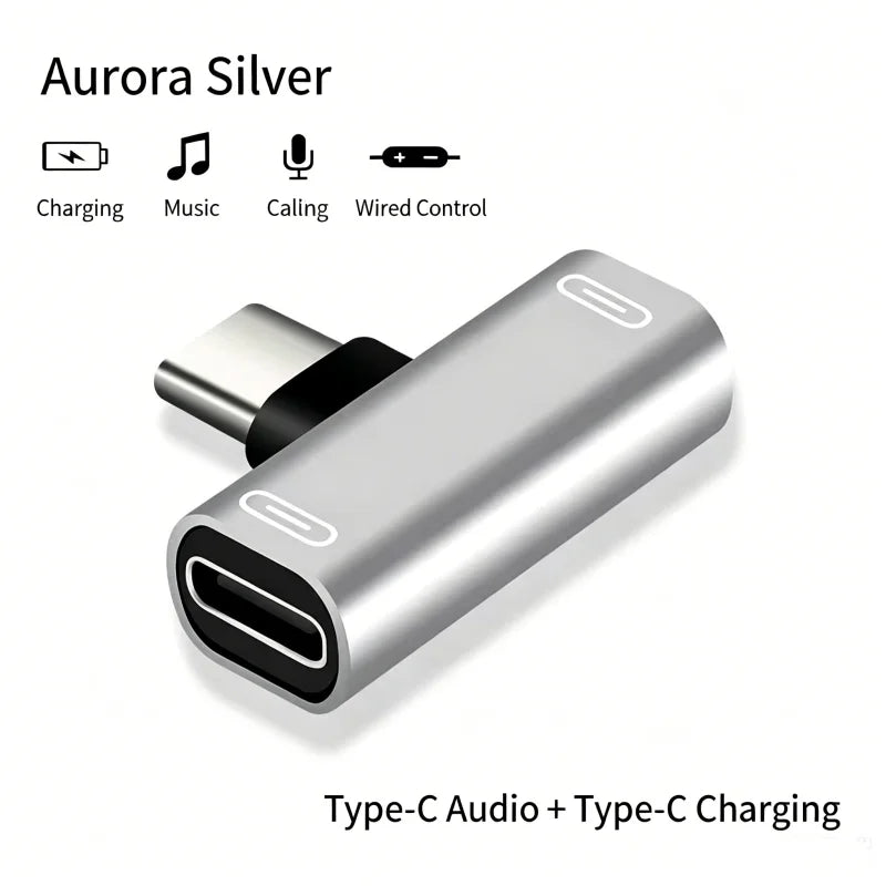 90° USB-C Audio & Charging Splitter Adapter | 2-in-1 L-Shape USB-C Splitter Adapter Richie's Dual Type-C Silver