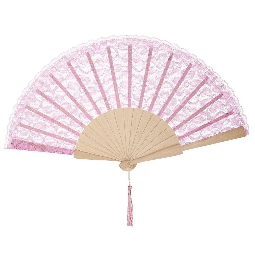 Vintage Chinese Folding Fan Lace Flower Tassel Pendant Wood Folding Hand Fan Richie's