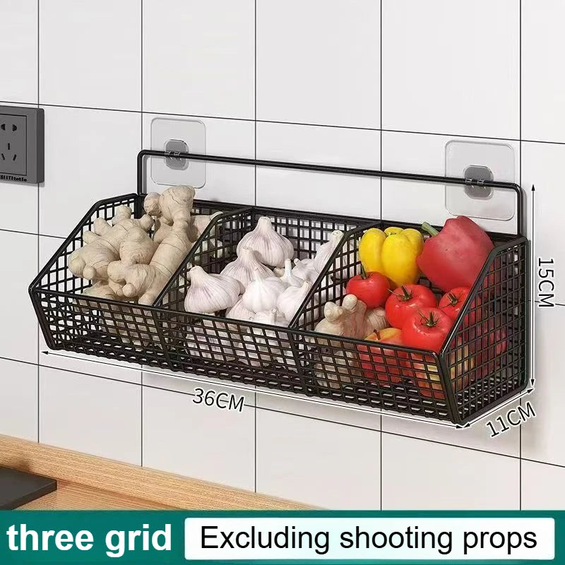 Wall-Mounted Kitchen Organizer Basket – Metal Veggie Storage Kitchen Storage Basket Richie's three grid 1pc