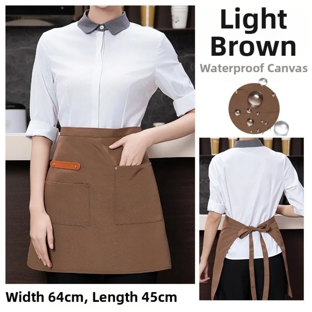 Canvas Half Apron Multi-Pocket Waterproof Kitchen Restaurant Kitchen Apron Richie's Brown-Short