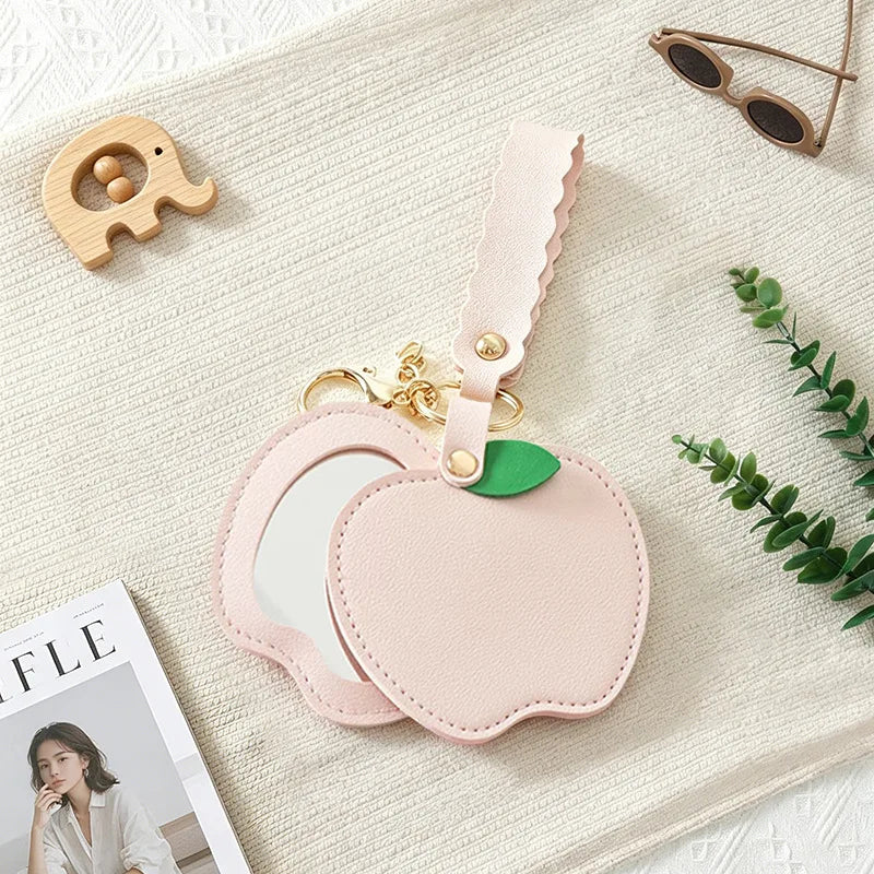 Apple Shape Mini Makeup Mirror Keychain – PU Leather Portable Compact Mirror Keychain Richie's pink 20x8.5cm