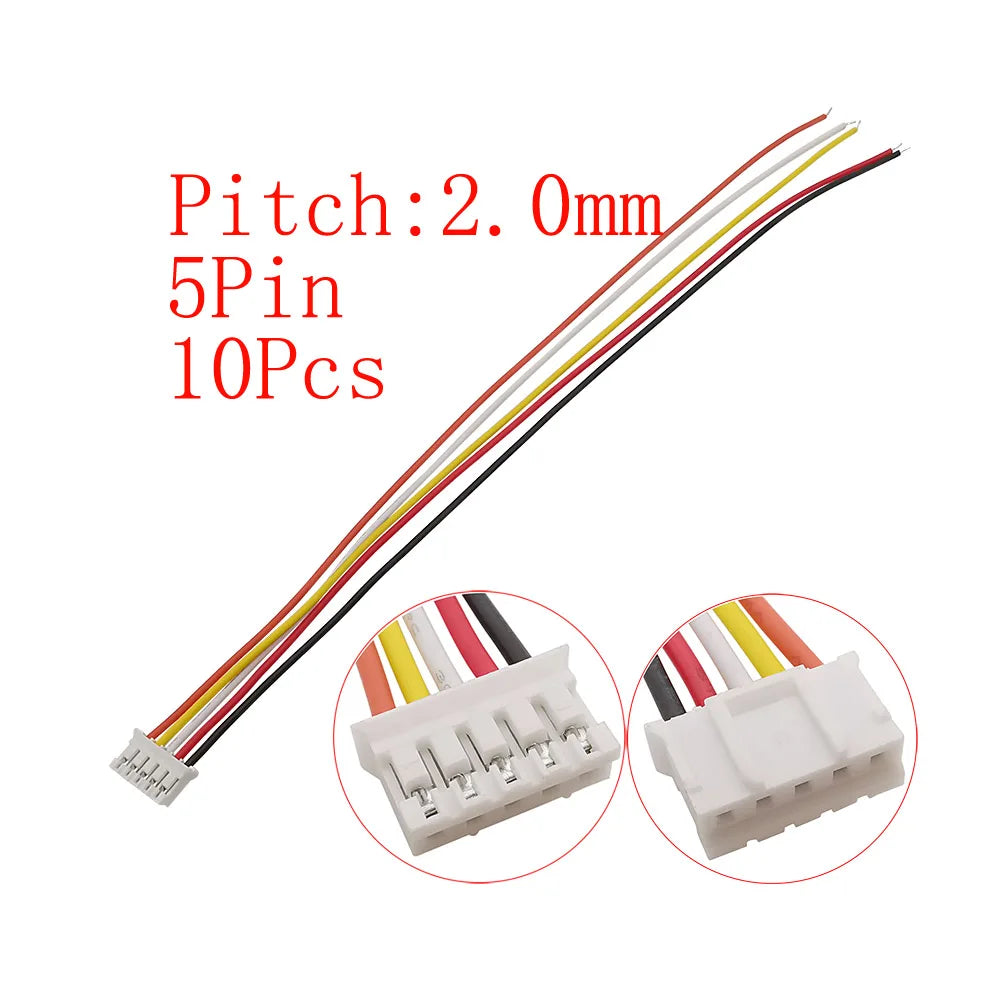 10Pcs JST PH 2.0mm Connector 2–6 Pin Male Female 26AWG Cables Wire Connector Set Richie's 10Pcs 5Pin-J