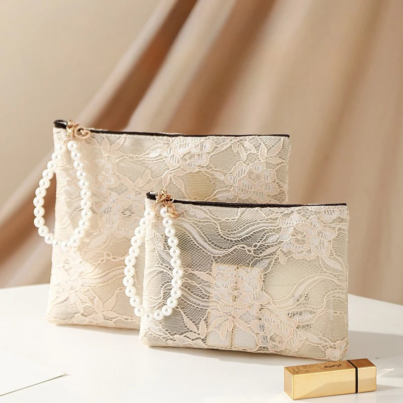 Lace Cosmetic Pouch with Pearl Chain – Women's Makeup Bag Cosmetic Makeup Bag Richie's