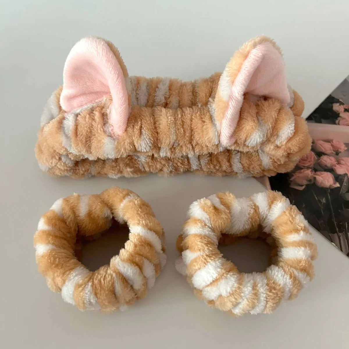 Cute Cat Ear Plush Headband & Wrist Strap Set – Coral Fleece Wash Headband Set Richie's 1set 2