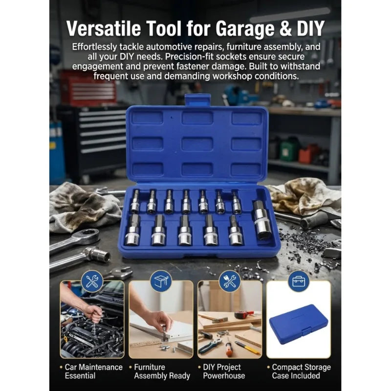 13pc Allen Key Hex Bit Socket Set 1/4" 3/8" 1/2" Drive CRV Steel Socket Wrench Set Richie's