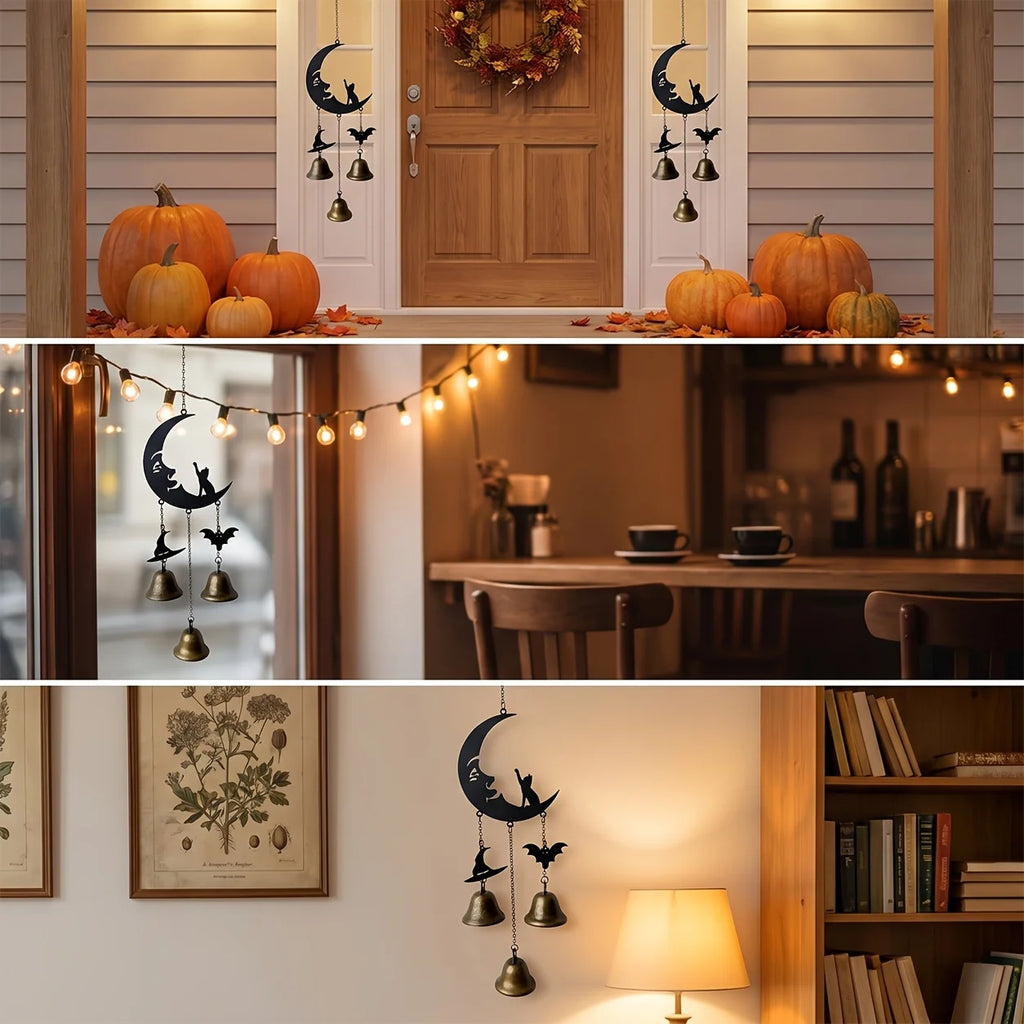 Gothic Moon Cat Metal Wind Chime – Halloween Bat & Witch Hat Décor Gothic Wind Chime Richie's