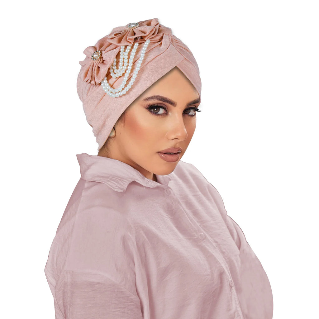 Pearl Beaded Turban Cap Women – Floral Chiffon Head Wrap Turban Head Wrap Richie's pink