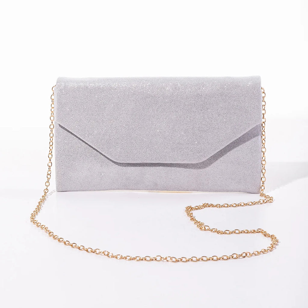 Women's Suede Envelope Clutch Bag with Chain Shoulder Strap Evening Clutch Bag Richie's Silver