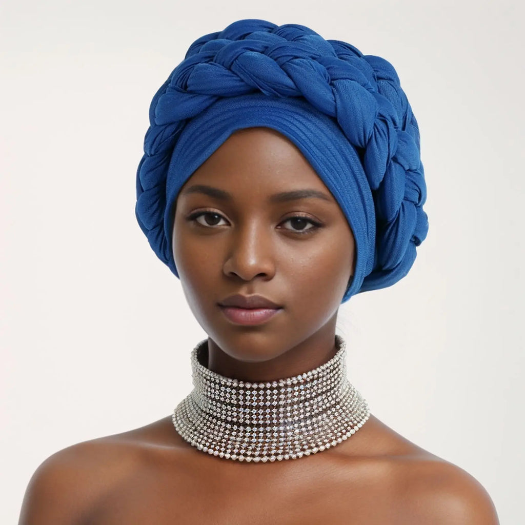 Double Braid Halo Turban Cap – African Headwrap for Women Turban Headwrap Richie's dark blue