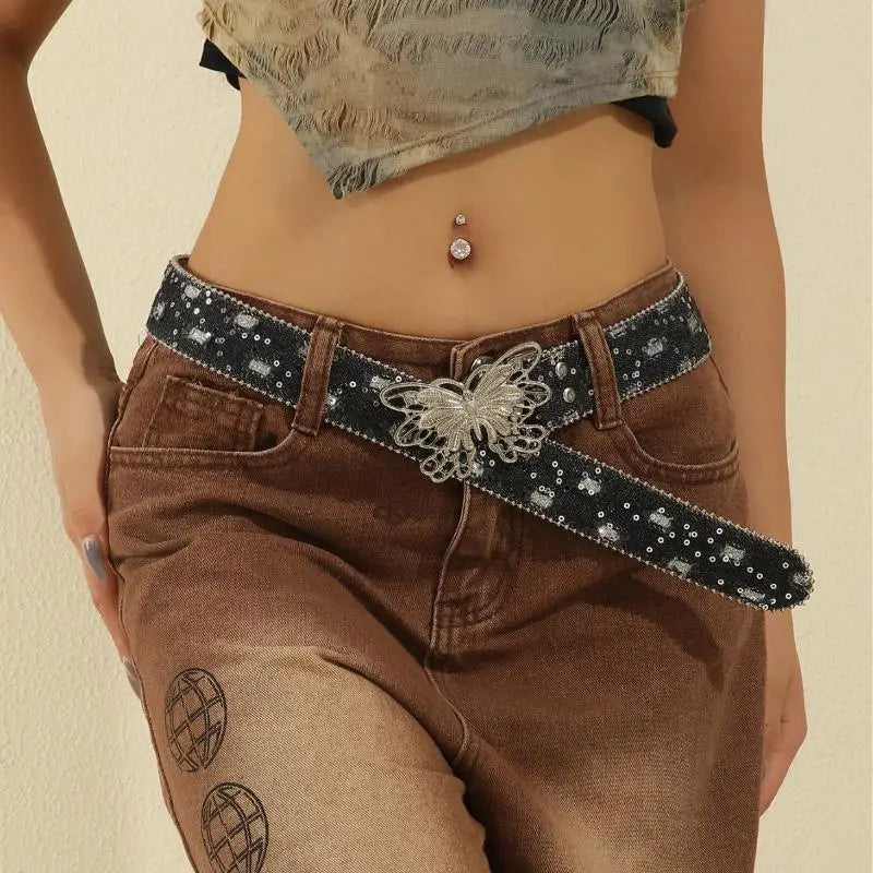 Retro Sequin Punk Waist Belt – Wide Denim & Alloy Buckle Fashion Waist Belt Richie's