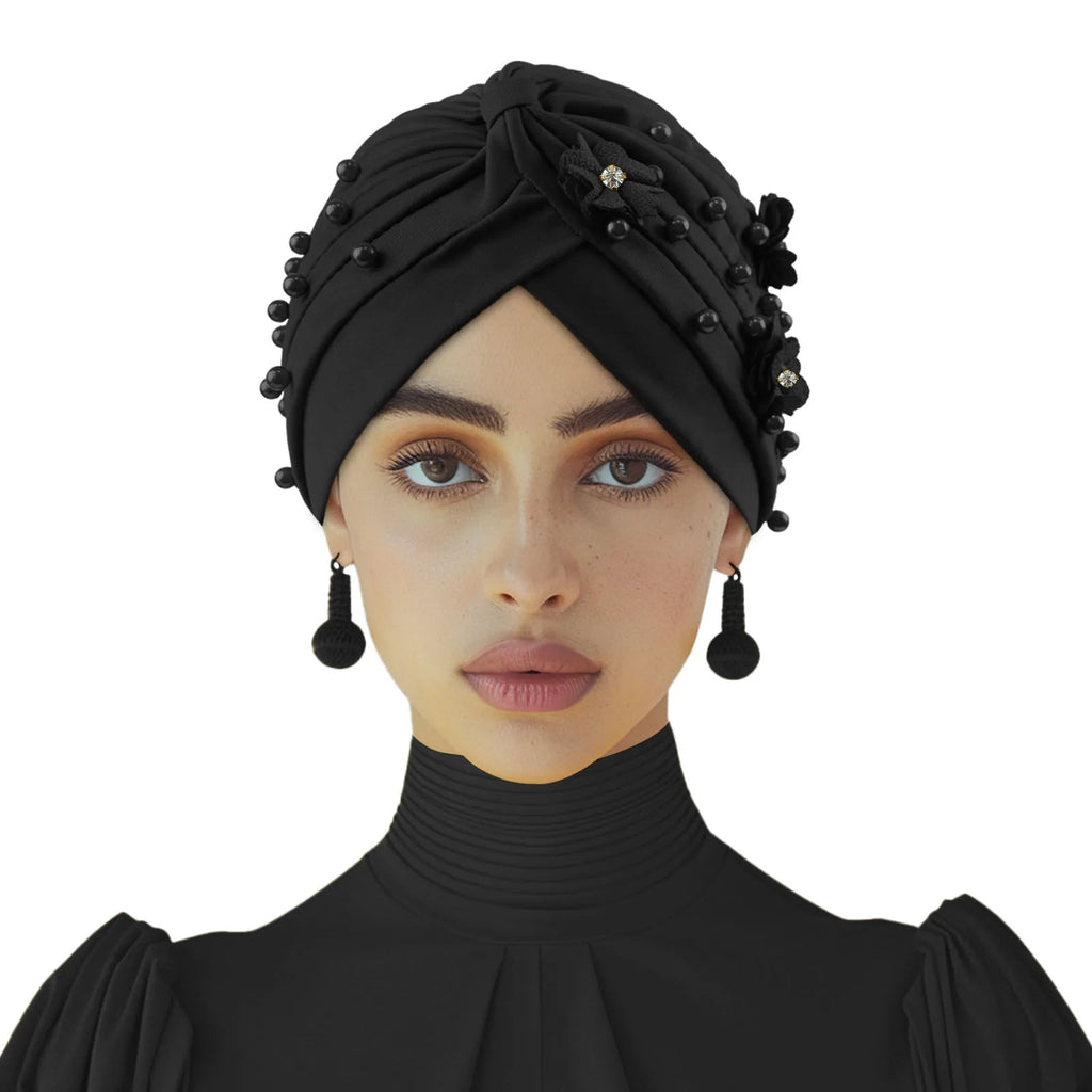 Floral Turban Hijab Hat – Elastic African Head Wrap for Women Turban Hijab Hat Richie's Black