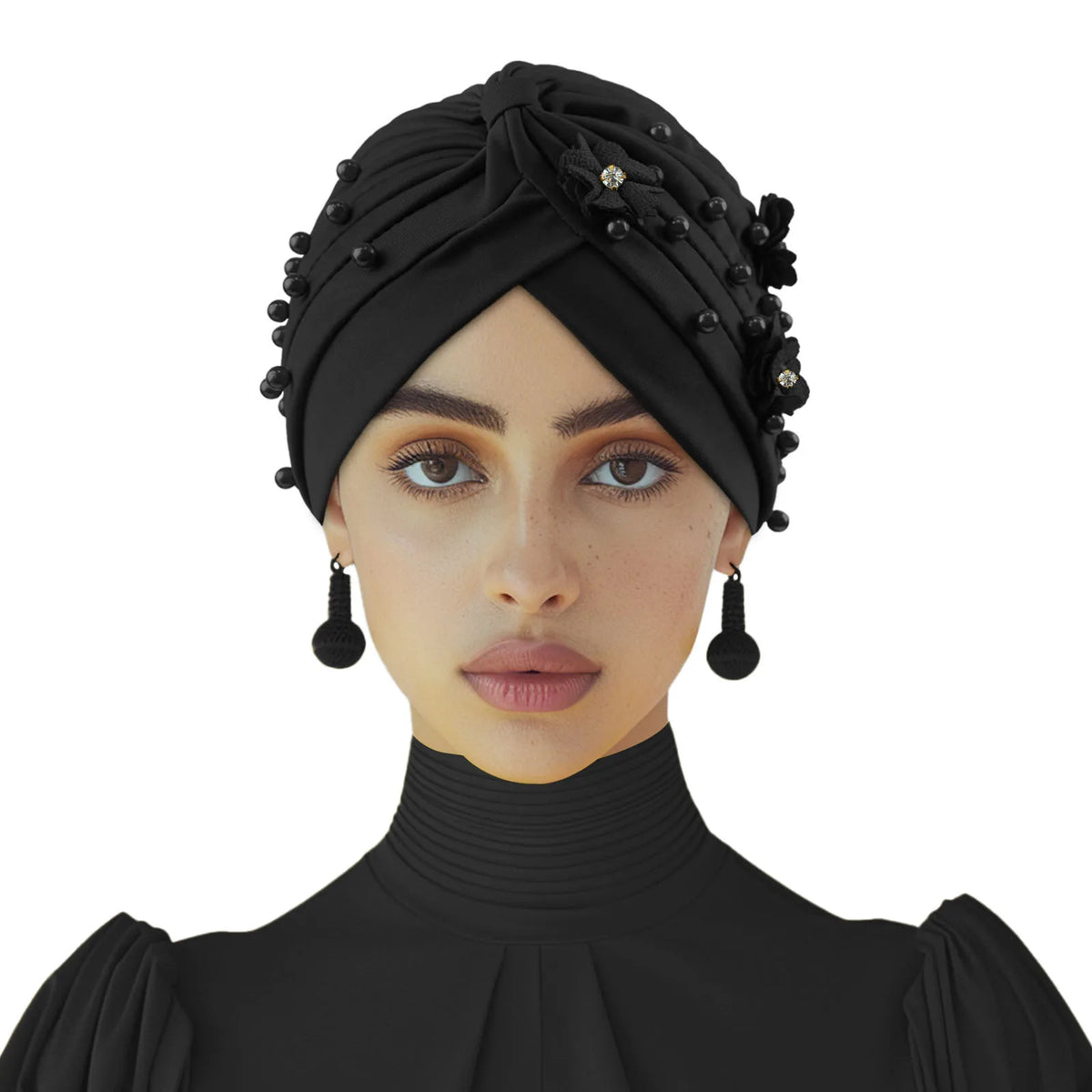 Floral Turban Hijab Hat – Elastic African Head Wrap for Women Turban Hijab Hat Richie's Black