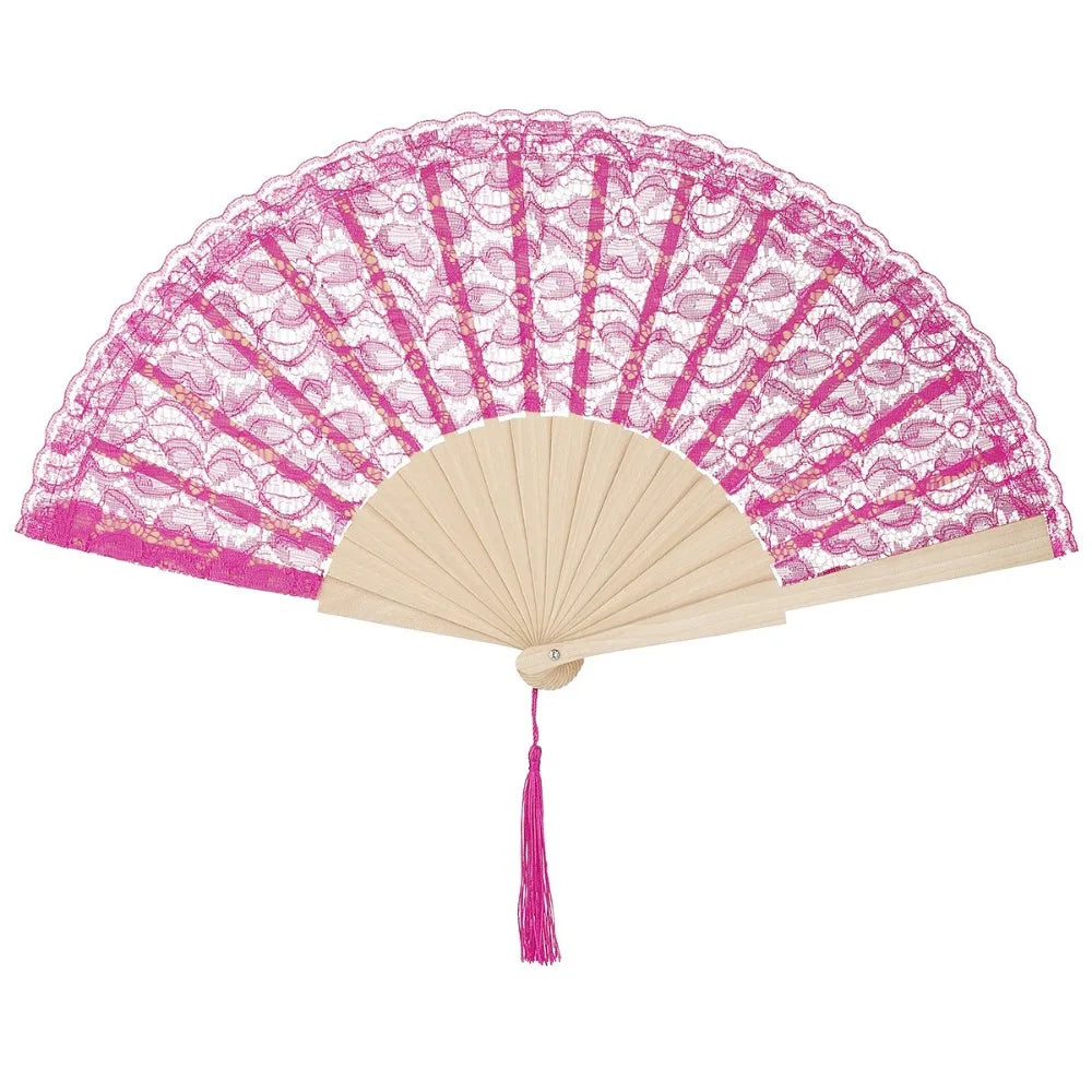 Vintage Chinese Folding Fan Lace Flower Tassel Pendant Wood Folding Hand Fan Richie's Rose Red