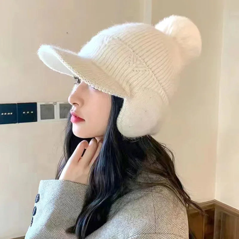 Women's Knitted Earflap Hat with Pompom – Winter Earmuff Cap Winter Knit Hat Richie's 04