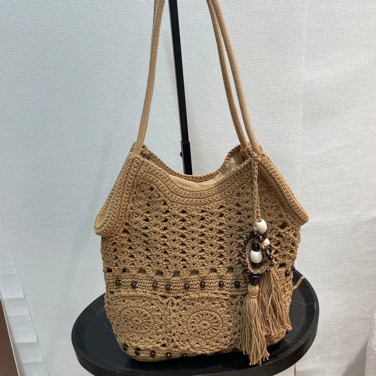 Women's Cotton Woven Shoulder Tote Bag – Wooden Bead Tassel Woven Shoulder Tote Richie's Brown