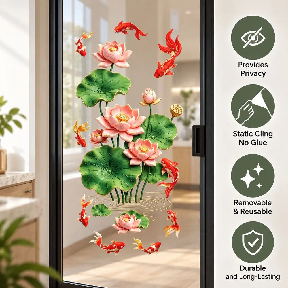 Lotus & Koi Fish Glass Window Sticker – No-Glue PVC Decal Window Decal Sticker Richie's