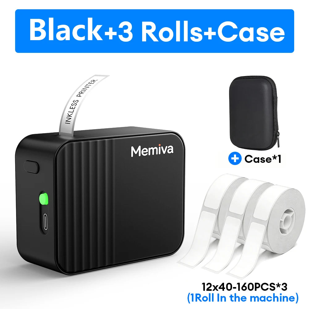 Memiva A1 Wireless Bluetooth Label Printer – iOS & Android Wireless Label Printer Richie's Black 3Rolls Case USB Type-C