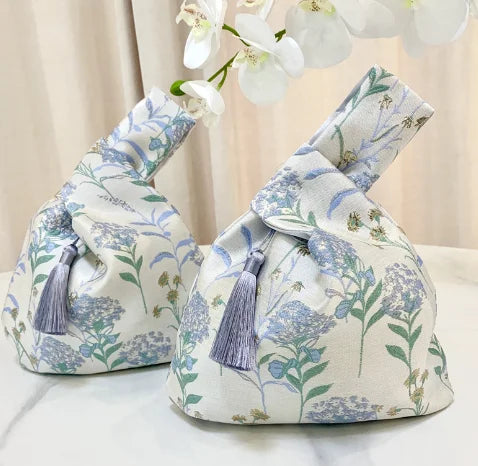 Chinese Style Tassel Knot Wrist Bag with Flower Pendant Wrist Bag Pouch Richie's Blue Without flowers
