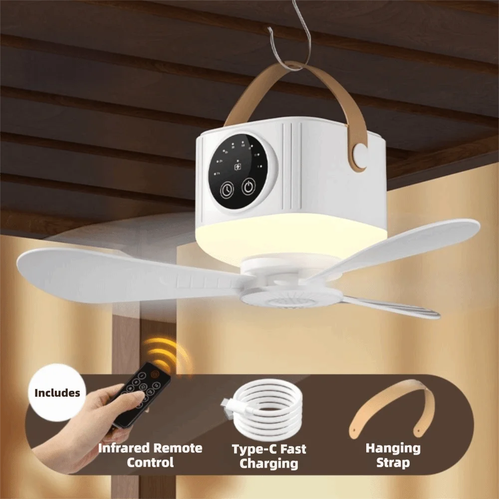 USB Rechargeable Hanging Ceiling Fan – Remote & LED Light Portable Ceiling Fan Richie's White