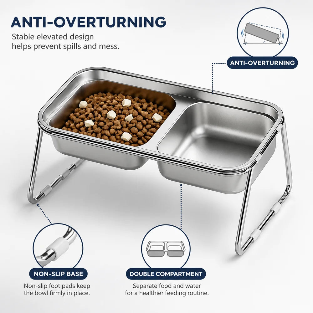 Stainless Steel Double Pet Bowl – Non-Slip Elevated Cat Dog Feeder Pet Feeding Bowl Richie's