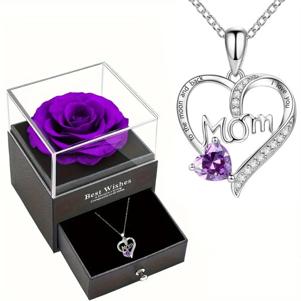 "MOM I Love You" Heart Pendant Necklace with Rose Gift Box Pendant Necklace Gift Set Richie's