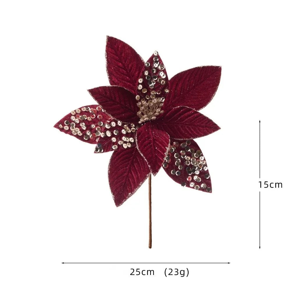 25CM Glitter Sequin Artificial Poinsettia Flower | Christmas Decor Artificial Holiday Flower Richie's Wine Red