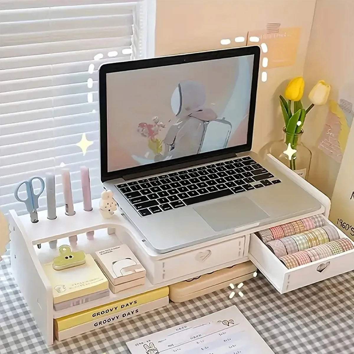 White Monitor Stand with Heart Drawer | Ergonomic Desk Organizer Monitor Stand Richie's